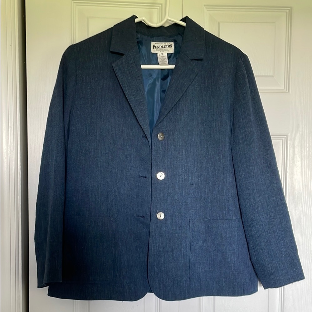 Women’s Pendleton 10P blue blazer 20% linen lined 3 tortoise shell buttons Vneck